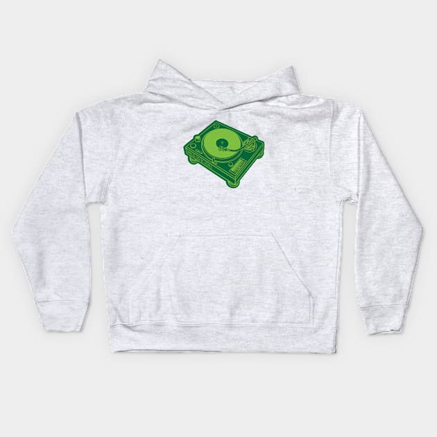 Turntable (Yellow Green Lines + Cadmium Green Drop Shadow) Analog / Music Kids Hoodie by Analog Digital Visuals